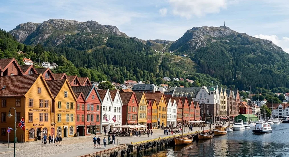Colorful Bryggen wharf houses in Bergen