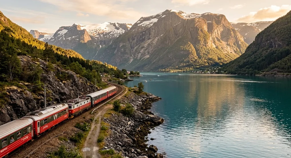 Train hugging a Norwegian fjord coastline