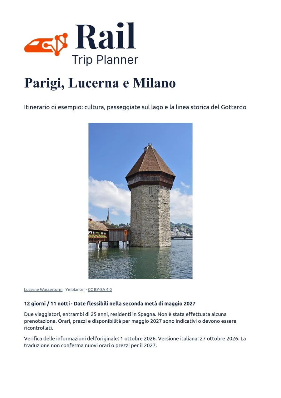 Copertina effettiva dell&rsquo;itinerario di esempio Parigi, Lucerna e Milano