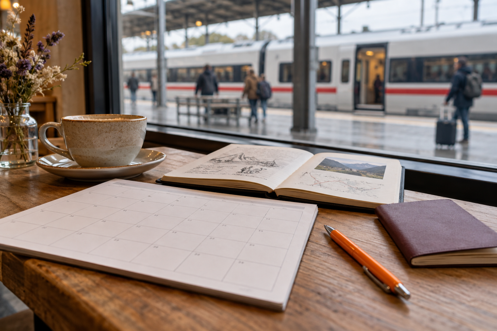 Calendar and travel notebook on a cafe table overlooking a railway platform
