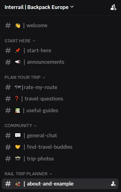 Channel list in Interrail | Backpack Europe, including start-here, rate-my-route, travel-questions, useful-guides, general-chat, find-travel-buddies and trip-photos.