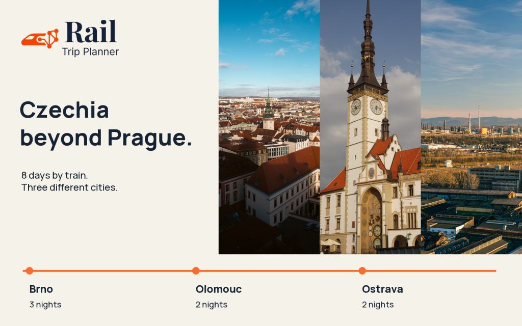 Brno rooftops, Olomouc Town Hall and the former V&iacute;tkovice industrial area, for an eight-day Czech train route.