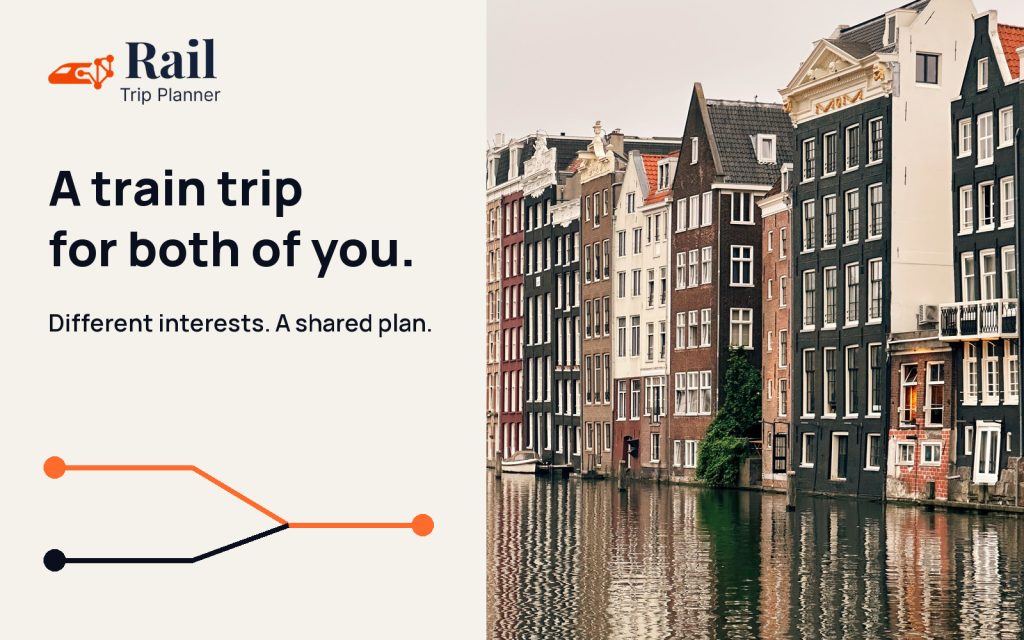 A train trip for both of you: two lines join beside a photograph of an Amsterdam canal.