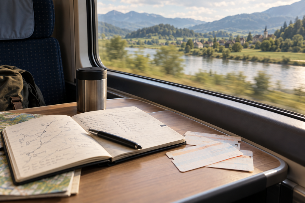 Train tickets and a route notebook on a carriage table beside the window