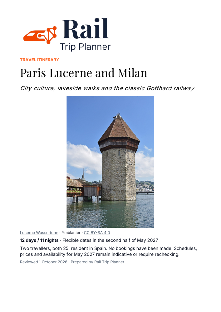 Actual cover of the Paris, Lucerne and Milan example itinerary